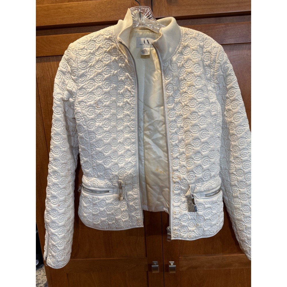 Armani Exchange AX White Quilted Full-Zip Bomber Jacket Medium Flawed